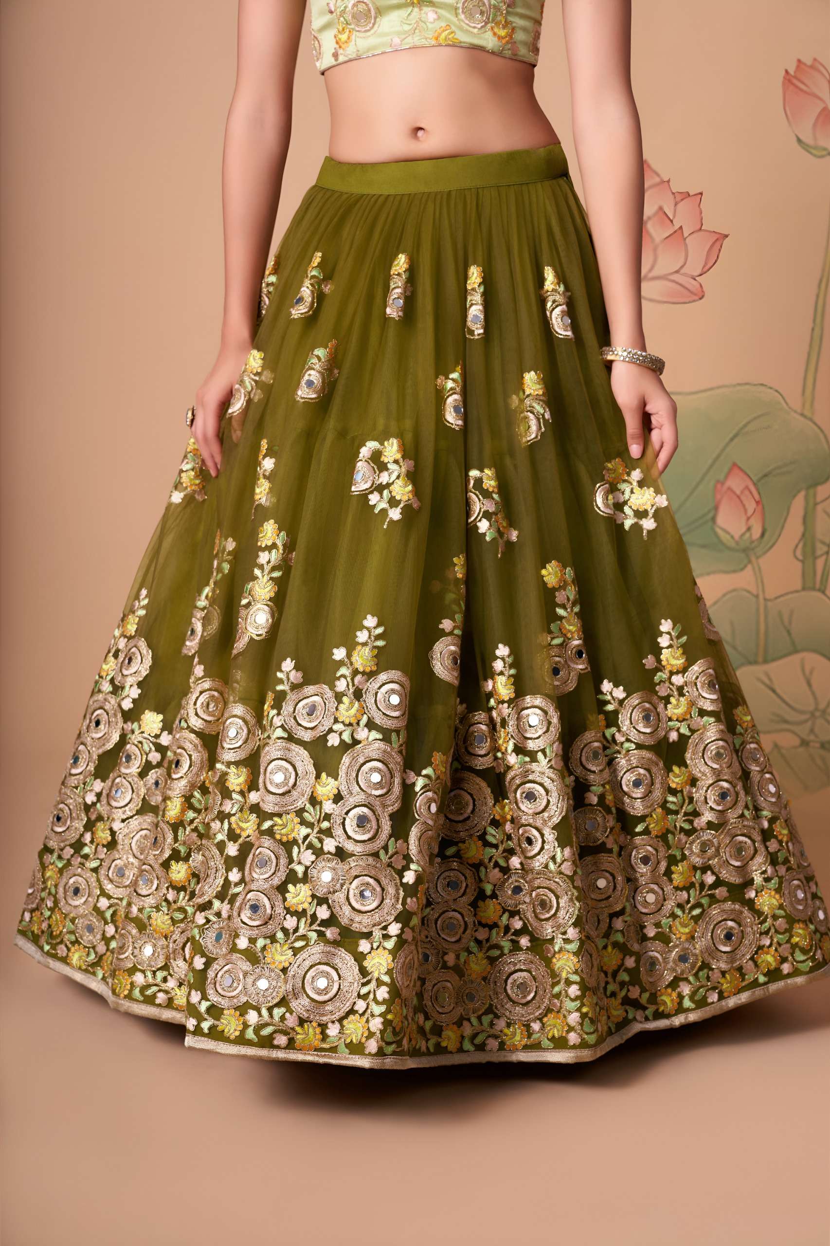 Olive Green & Pista colour Mirror and Embroidered work om net Lehenga Choli supplier in surat 7325 Mehndi